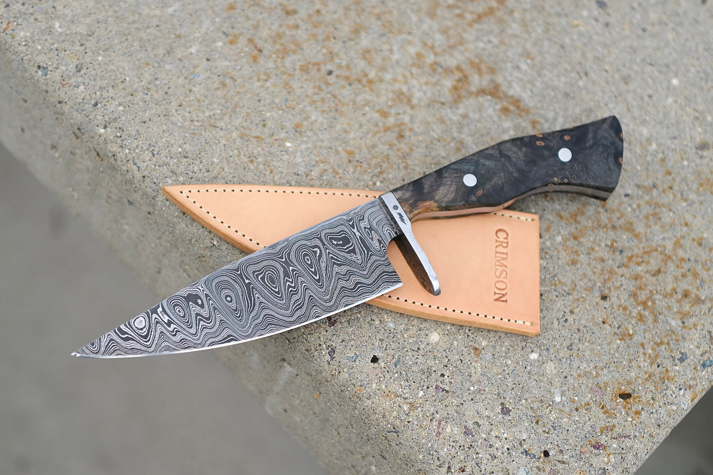 Crimson Tactical Axis - Buckeye Burl Handle / USA Made John Curran Polished Damascus / USA Made Gold Standard Leather Sheath - Crimson Tactical