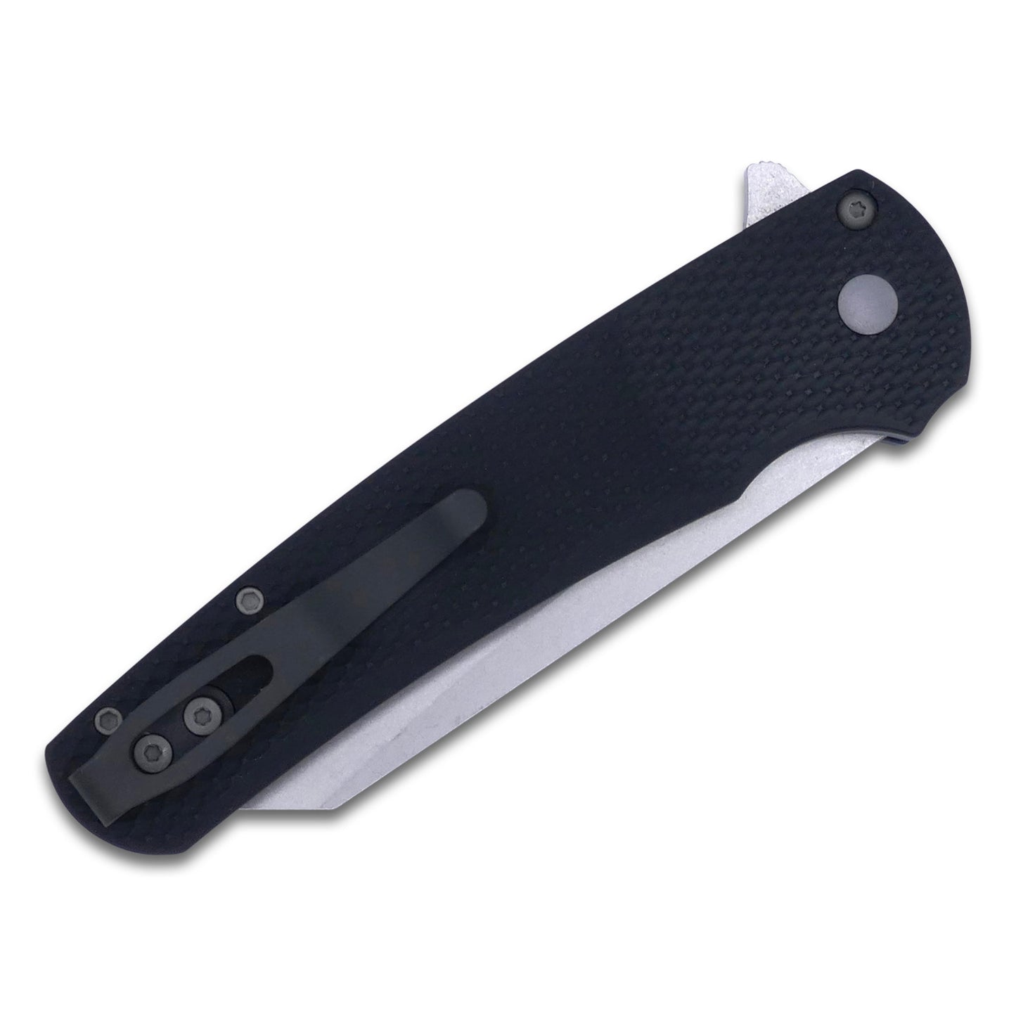 Malibu Flipper - Textured Black Handle / Stonewash 20CV Reverse Tanto / Blasted Hardware + Clip